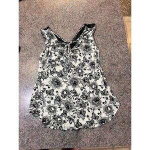 Womens Black White Floral Lace Trim V-Neck Tie Front Sleeveless Tank Top